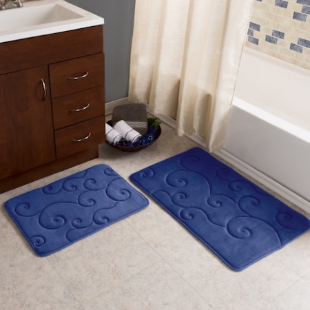 Hastings Home 2 pc Memory Foam Bath Mat Set by Hastings Home -Coral Fleece Embossed Pattern - Navy 816643PSV